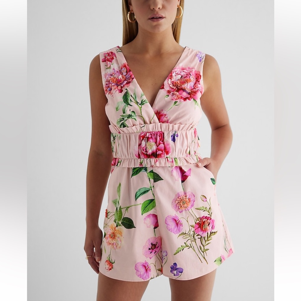 Express Floral V-Neck Embellished Pleated Ruffle Romper